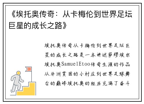 《埃托奥传奇：从卡梅伦到世界足坛巨星的成长之路》