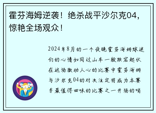 霍芬海姆逆袭！绝杀战平沙尔克04，惊艳全场观众！