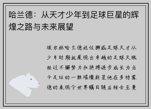 哈兰德：从天才少年到足球巨星的辉煌之路与未来展望